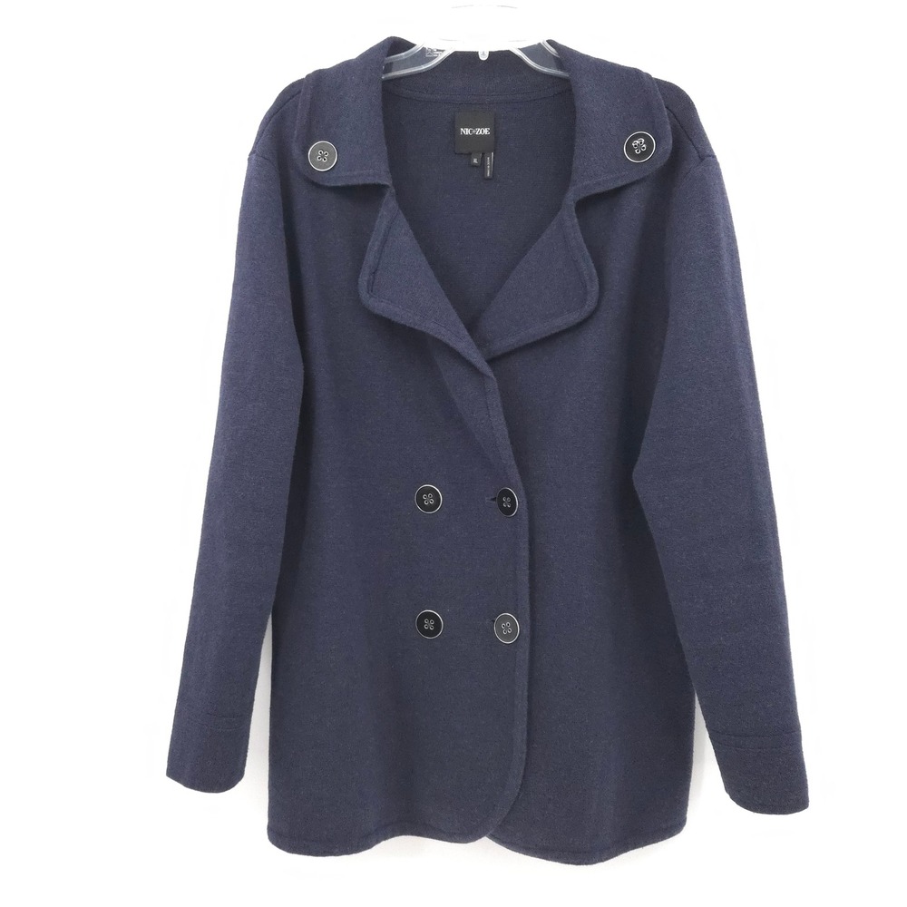 NIC+ZOE Knit Pea Coat Women XL Blue Double Breasted Sweater Jacket